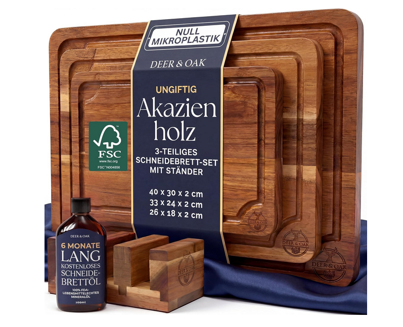 Schneidebrett 3er Set Akazienholz, mit Ständer & Öl